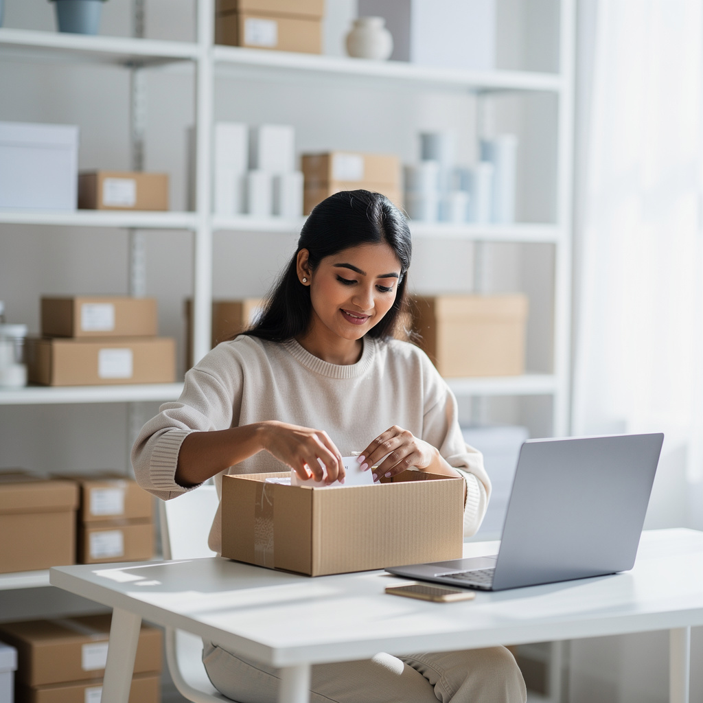 An online seller packing orders at her home studio