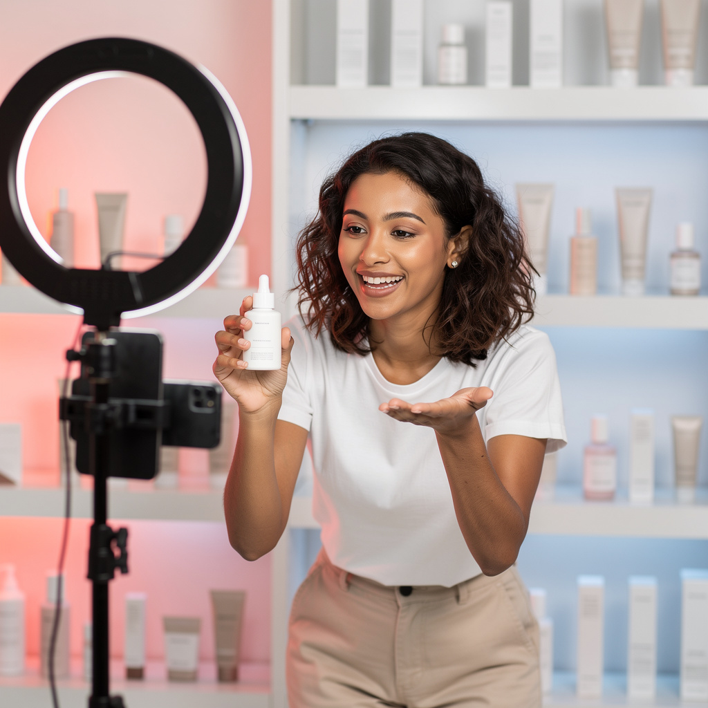 A host selling a product live to a phone on a tripod