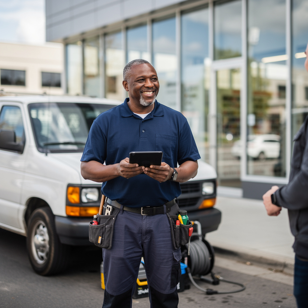A local repair business owner with his work van, checking a tablet